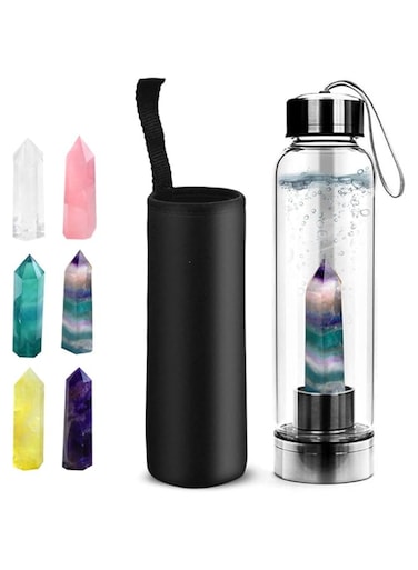 JHuuu Crystal Glass Water Bottle, Includes Protective Sleeve and Removable Crystal Quartz, Healing Natural Quartz Water Bottle BPA and BPS Free Durable, Portable Leak Proof Gemstone Bottle 550ml