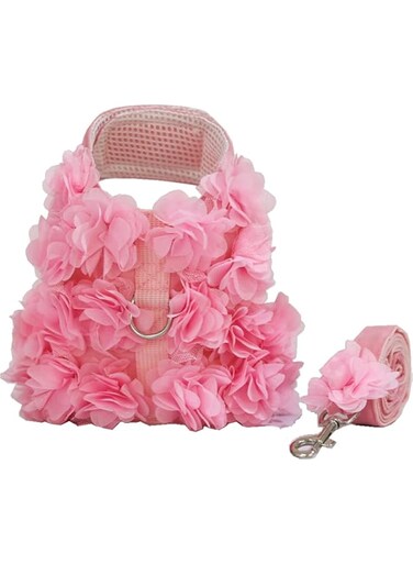No Pull Small Dog Cat Harness and Leash Set Easy Control Exquisite Flower Design (Pink, M)