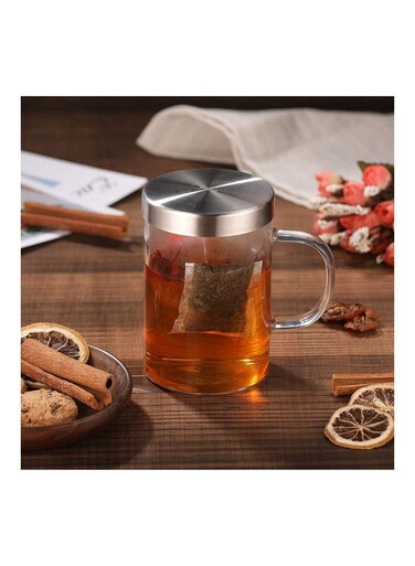 500ML Borosilicate Glass Tea Cup with Stainles Steel Infuser and Lid Clear/Silver