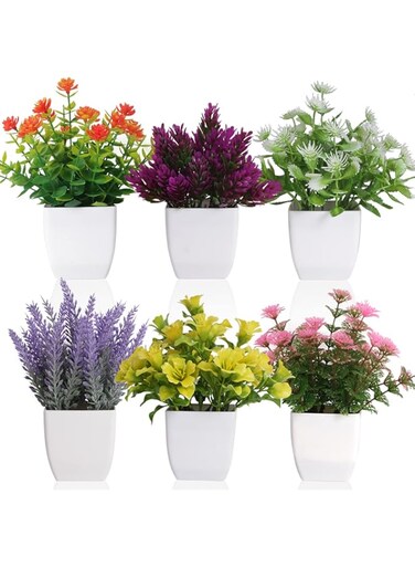 Yoratee 6pcs Artificial Pot Flowers Small Fake Plants with Pot Mini Potted Plants for House Office Tabletop Decoration