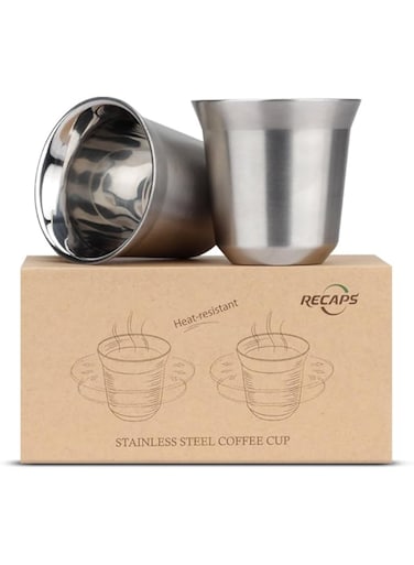 RECAPS 80ml Stainless Steel Espresso Cups Set - 2 Pack Double Wall Stainless Steel Espresso Cup By 2.7oz