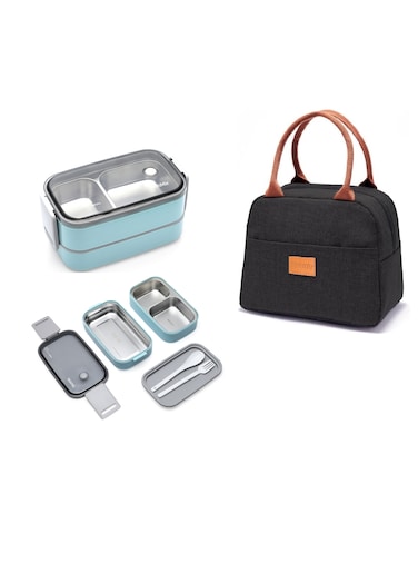 Stainless Steel Lunch Box - Insulated Bento Box Multifunctional-Containers Lunch Box with 2 Compartments &amp; Tableware(304 stainless steel) lunch box with Lunch MahMir Lunch bag (Light Blue + Lunch Bag)
