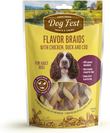 Dog Fest Flavor Braids Dog Treat &ndash; Chicken, Duck &amp; Codfish, 90 g, 100% Natural