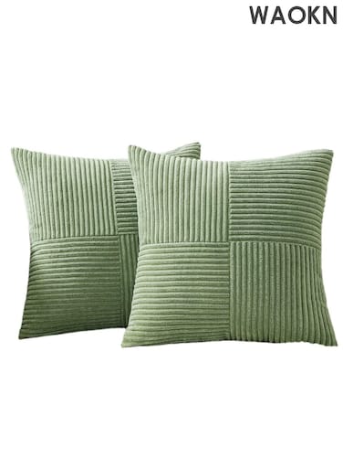 Pack of 2 Sage Green Boho Decorative Corduroy Throw Pillow Covers 18x18 Inch Soft Pillow Covers Solid Pillowcases Cross Patchwork Textured Cushion Covers for Living Room Decor Couch Bed Sofa