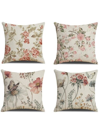 Throw Pillow Covers 18x18 inches Set of 4 Birds Butterfly and Plant Cushion Covers 45cm x 45cm Boho Linen Square Throw Pillow Cases for Living Room Sofa Couch Bed Pillowcases