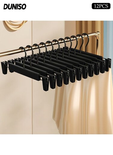 12 Pcs Pants Hangers with Clips&iuml;&frac14;&OElig;Adjustable Clip Hangers&iuml;&frac14;&OElig;Space-Saving Clothes Pants Holders with 360 &Acirc;&deg; Swivel Hooks&iuml;&frac14;&OElig;for Shorts Bottom Jeans Trouser Leggings Skirts&iuml;&frac14;&OElig;Black