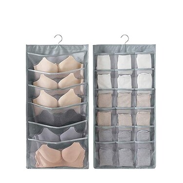 Closet Hanging Organizer with Pockets, Dual Sided Wall Shelf Wardrobe Organizers Storage Bags,Oxford Cloth Space Saver Bag with Hanger for Bra Underwear Underpants Shoes Socks