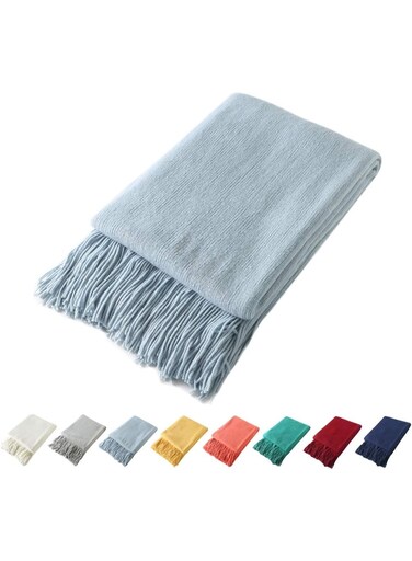 Knitted Throw Blanket with Fringe Soft &amp; Cozy Tassel Blanket for Couch Sofa Bed (Light Blue,50x60)