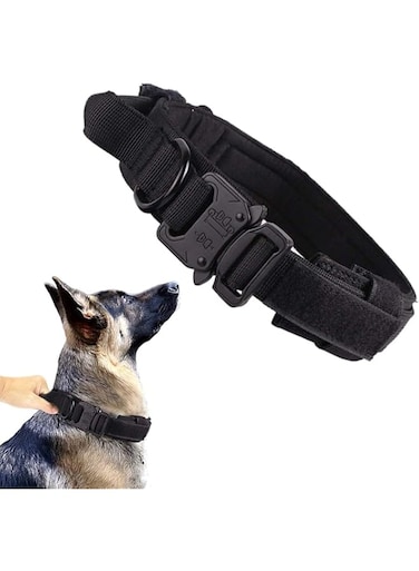 Khazna Dog Collar Adjustable Nylon Dog Collar Heavy Duty Metal Buckle with Handle for Dog Training (Black, M)