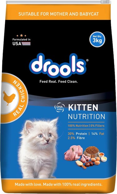 Drools Kitten Dry Cat Food, Chicken, 3 Kg   100% Balanced Diet With Real Chicken, DHA For Brain Development, Taurine For Heart, Omega For Healthy Skin  For Weaning Kitten &amp; Mother