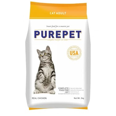 Purepet Adult Dry Cat Food, Real Chicken, 3 Kg   Complete &amp; Balanced Nutrition, Taurine For Healthy Heart, Controls Urinary pH, Healthy Skin &amp; Coat