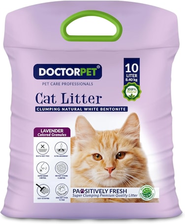Doctor Pet Cat Litter Lavender 10L &ndash; 100% Natural Clumping Bentonite,Scented, Ultra Absorbent,Easy Scooping, Dust-Free, Odor Control, Easy Scooping, Hypoallergenic &amp; Non-Stick Paw Formula