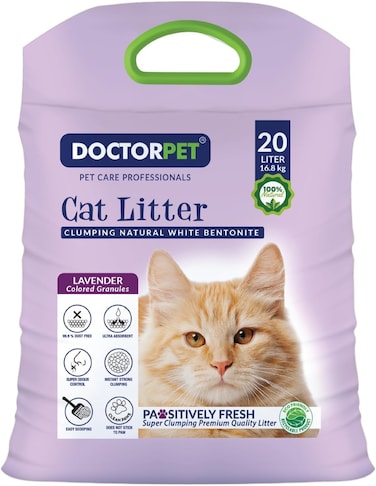 Doctor Pet Cat Litter Lavender 20L &ndash; 100% Natural Clumping Bentonite,Scented, Ultra Absorbent,Easy Scooping, Dust-Free, Odor Control, Easy Scooping, Hypoallergenic &amp; Non-Stick Paw Formula