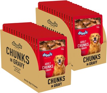 Drools Adult Wet Dog Food Real Chicken and Chicken Liver Chunks in Gravy, 4.5 Kg (150g X 30) Pack of 30