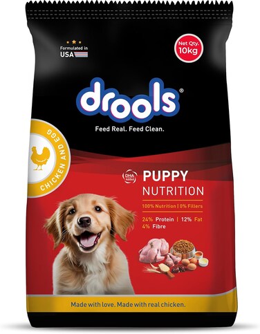 Drools Puppy Dry Dog Food, Chicken &amp; Egg, 10 Kg   100% Balanced Diet With Real Chicken   DHA For Brain Development, High Protein For Bones &amp; Muscle Growth   Easily Digestible Kibble