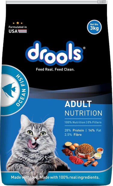 Drools Adult Dry Cat Food, Ocean Fish, 3 Kg   100% Nutritious Diet With Real Fish, Hairball Control, Taurine For Heart &amp; Vision, Omega 3 &amp; 6 For Skin &amp; Coat, Supports Digestion &amp; Immunity