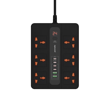 Porodo 6 Socket Power Extension Cord, 6 AC With 2 USB-A 24W &amp; 4 USB-C PD 36W Multi-Port Super Hub 3 Meter Long 3000W UK 3 Pin Plug - Black