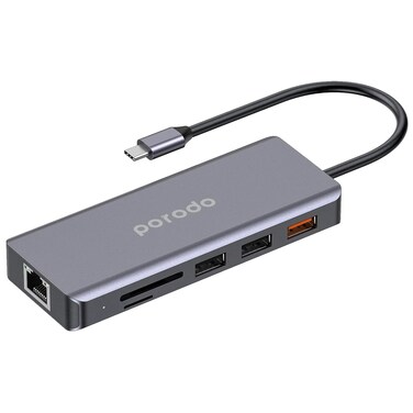 PORODO 9in1 USB-C Hub, Type-C PD 100W, HDMI, Ethernet, USB, SD Card, 3.5mm AUX - Grey