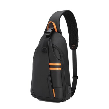 Porodo Gaming Sling Bag, Waterproof Polyester, Adjustable Padded Strap, Built-In Power Bank Charging Cable, Multiple Compartments for Gadgets, Black/Orange
