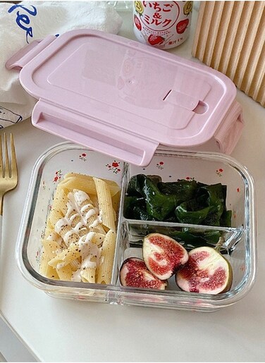 Printing 3 compartment Food Meals Storage Container Gilrs Glass Lunch Box BPA-Free Fruit Vegetable Bento Box Microwave Oven Freezer Dishwasher Pink