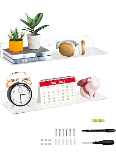 50 Cm Clear Wall Shelves For Wall, Wall Mounted Acrylic Floating Shelf For Plants, Speakers, Radio, Funko Pop, Plush Toy, Books, Cosmetics, Toiletries, Pack Of 2 (50 Cm)