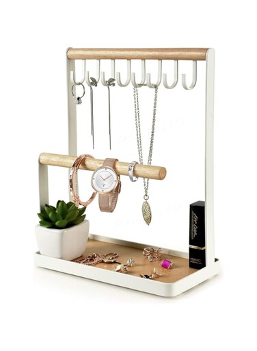 Dailychic Jewelry Stand Holder, 3-Tier Necklace Hanging Wooden Ring Organizer Earring Tray, 8 Hooks Storage Necklaces, Bracelets, Rings and Watches on Desk Tabletop - White
