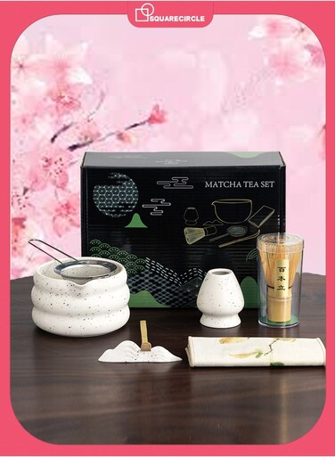 7-piece Japanese Matcha Set, Ceramic Matcha Bowl+Whisk Holder+Bamboo Whisk+Spoon +matting+spoon holder+Stainless Steel Tea Sifter,for Traditional Tea Ceremony- Ceramic Perfect Handmade Matcha Kit to Prepare Traditional Matcha Tea, 100% Natural Matcha Gift Kit (White)