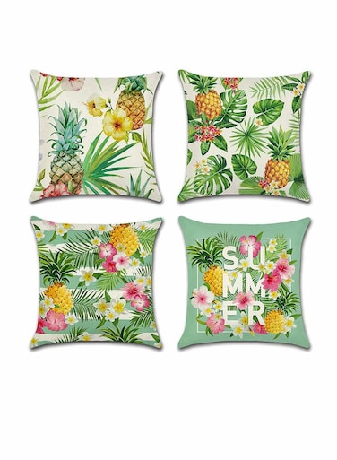 of 4 Waterproof Decorative Throw Pillow Covers Ideal For Outdoor Patio and Living Room 18x18 Inches Featuring Tropical Plants and Pineapple Design