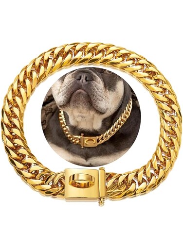 W/W Lifetime Gold Chain Dog Collar 16MM 18K Gold Cuban Link Dog Collar with Secure Snap Buckle Gold Dog Chain Metal Collar for Small Pitbull (16MM, 16")
