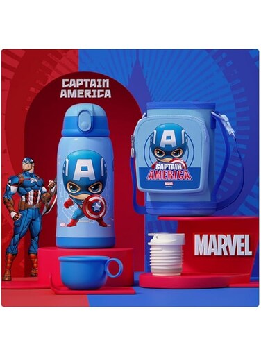 Kids Bottle for School Stainless Steel Insulated Water Bottle with Straw Children Cup 2 in1 Water Flask with Carrier Holder Shoulder Strap Spare Cover Lid 550ml (Captain America)