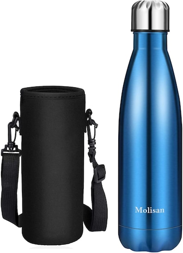 MOLISAN Stainless Steel Water Bottle, 500ml Double Walled Vacuum Flask with Pouch, BPA Free 12 Hours Hot&amp;Cold Sport Drink Bottle for Gym, Home, Office, Outdoor, Work (500ML, Blue)
