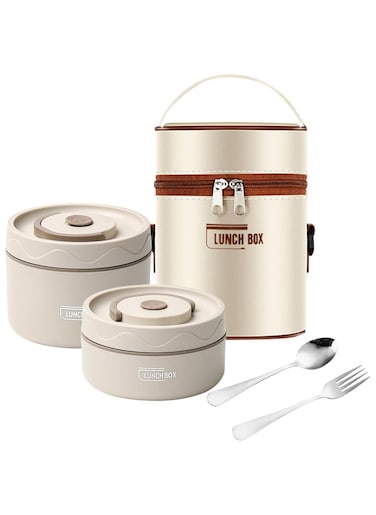 Kids Thermal Bento Lunch Box Set for School, Insulated Lunch Containers With Bag,3 Separate Stackable Lunch Container, Microwaveable Lunch Box Bento Box for Adults &amp; Kids (2-Layer, White)