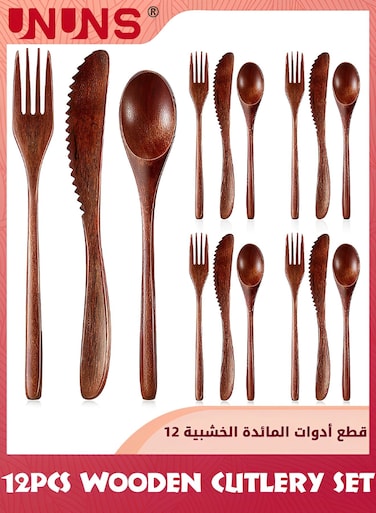 Wooden Cutlery Set,12 Pieces Kitchen Flatware Tableware Utensil Set For Dinner,Wooden Bamboo Fork And Spoon Set With Knife For Travel Camping Kitchen Eating Dinner Parties Home