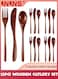 Wooden Cutlery Set,12 Pieces Kitchen Flatware Tableware Utensil Set For Dinner,Wooden Bamboo Fork And Spoon Set With Knife For Travel Camping Kitchen Eating Dinner Parties Home