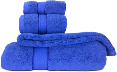 Hotel Linen Klub LUXURY PACK of 4 Bathroom Towel Sets - 100% Cotton 650 GSM Terry Dobby Border Ring Spun - Super Soft,Quick Dry,Highly Absorbent,Bathroom Towel Set with 900GSM Bath Mat,Royal Blue