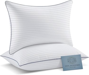 Hotel Linen Klub Pack of 2 Soft Microfiber Pillows (85 GSM) with 1 cm Stripe and Single Piping, White (50 x 90 cm), 2400 grams/pack, King