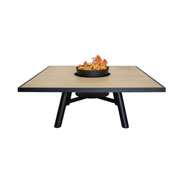 Light Square Wood-Burning Fire Pit Table for Patio &ndash; 135x135x52 cm with Aluminium Frame, Multi-Functional Outdoor Dining Table with Fire Pit, Robust for Garden, Deck, or Backyard, Natural Teak/Black