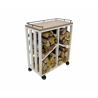 Wood Rack Trolley with Solid Wood Frame for Patio &ndash; 70x35x84 cm, Stylish Outdoor Firewood Rack, Compact for Backyard or Garden, Natural Teak/White