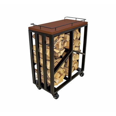 Wood Rack Trolley with Solid Wood Frame for Patio &ndash; 70x35x84 cm, Durable Firewood Storage Solution, Robust and Sleek for Garden or Backyard, Dark Mahogany/Black