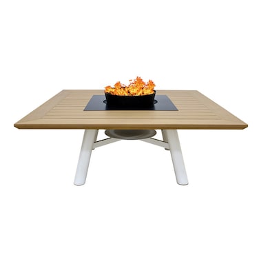 Light Square Wood-Burning Fire Pit Table for Patio &ndash; 135x135x52 cm, Outdoor Dining Table with Fire Pit, Robust and Sleek for Garden or Backyard, Natural Teak/Off White