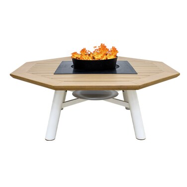Light Octagon Wood-Burning Fire Pit Table for Patio &ndash; 135x135x52 cm, Multi-Functional Outdoor Dining Table with Fire Pit Center, Sleek and Compact for Backyard, Deck, or Garden, Natural Teak/Off White