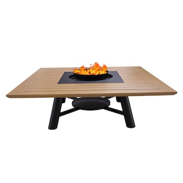 Heavy Square Wood-Burning Fire Pit Table for Patio &ndash; 160x160x52 cm, Multi-Functional Outdoor Dining Table with Fire Pit, Robust for Backyard, Deck, or Garden, Natural Teak/Black