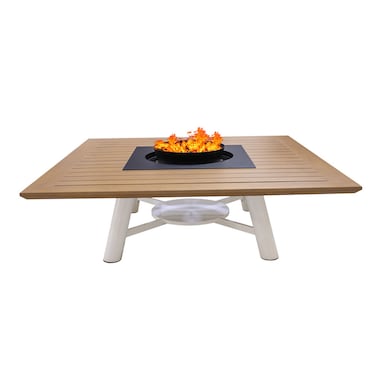 Heavy Square Wood-Burning Fire Pit Table for Patio &ndash; 160x160x52 cm, Outdoor Dining Table with Fire Pit Center, Stylish and Durable for Backyard, Deck, or Garden, Natural Teak/Off White