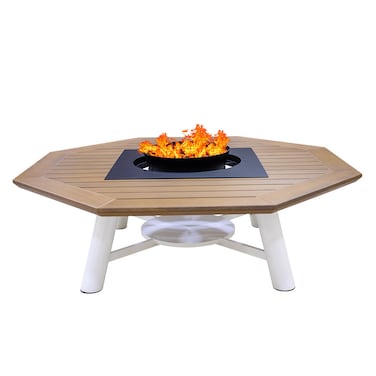 Heavy Octagon Wood-Burning Fire Pit Table for Patio &ndash; 160x160x52 cm, Multi-Functional Outdoor Dining Table with Fire Pit, Sturdy for Backyard, Deck, or Garden, Natural Teak/Off White