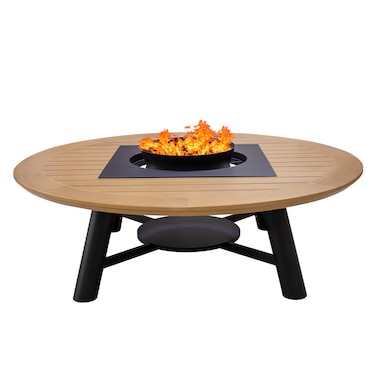 Heavy  Round Wood-Burning Fire Pit Table for Patio &ndash; 160x160x52 cm, Multi-Use Outdoor Dining Table with Removable Fire Pit, Durable for Backyard, Deck, or Garden, Natural Teak/Black