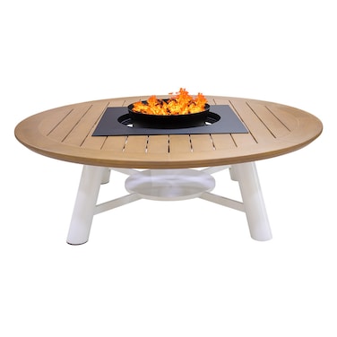 Heavy Round Wood-Burning Fire Pit Table for Patio &ndash; 160x160x52 cm, Outdoor Dining Table with Fire Pit Center, Sturdy for Backyard, Deck, or Garden, Natural Teak/Off White
