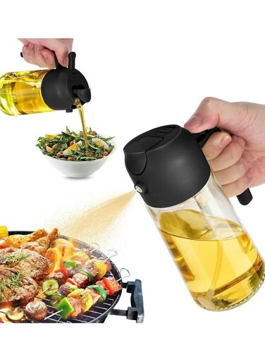 Oil Spray Bottle 2 in 1 Oil Dispenser &amp; Sprayer (16oz / 470ml) for Cooking, Salad, BBQ - Olive Oil Spray Bottle Large Capacity for Kitchen, Air Fryer, Baking, Grilling - with Handle (Black)