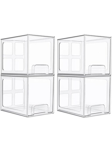 Vtopmart 4 Pack Stackable Storage Drawers, 6.6''Tall Acrylic Bathroom Makeup Organizers, Clear Plastic Bins For Vanity, Undersink, Kitchen Cabinet, Pantry Organization