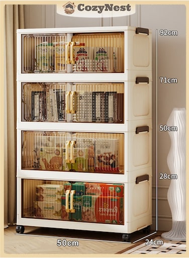 4-Tier Foldable Plastic Storage Cabinet, 50cm with Handle, Double Doors &amp; Wheels, Stackable Organizer Box, Foldable Storage Cabinet for Clothes, Toys, Office Supplies