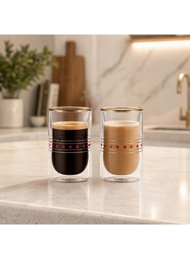 Double Wall Glass Estikana Tumblers Set of 2 Insulated Clear Tea &amp; Coffee Glasses for Hot Drinks, Red, DG895 (100ML, 2 Piece Set)